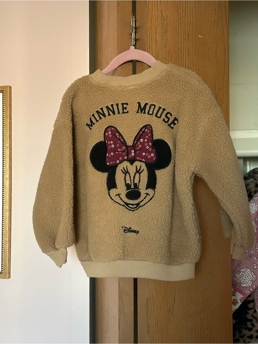 Zara Tan Sherpa Minnie Mouse Pullover with Pink Bow